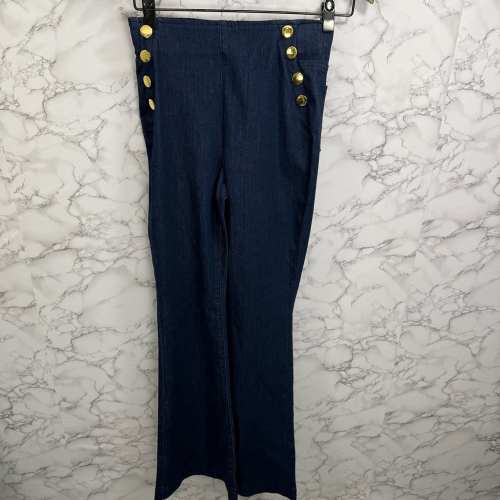 EUC INC DESIGN Gold Button Dark Blue Jeans Pull-On Flare Wide Leg ๐TRENDY! - Picture 7 of 16